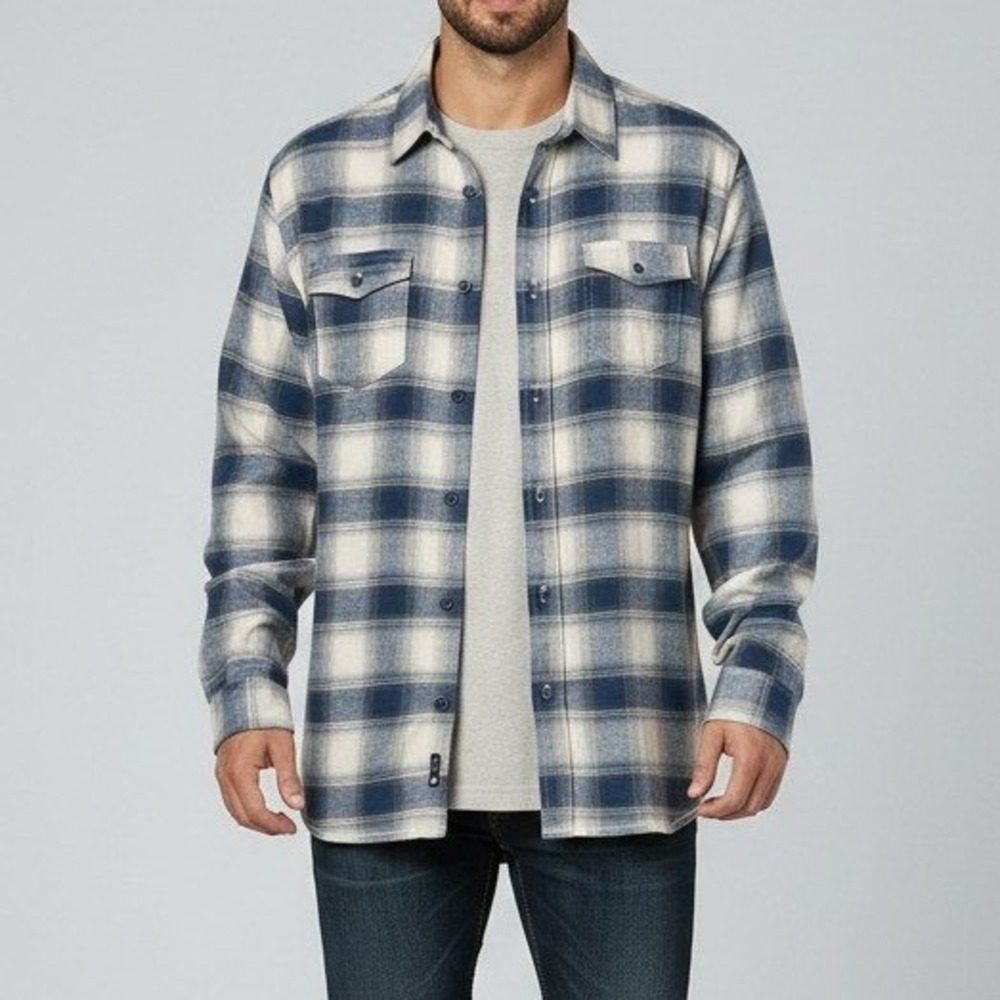 Burnside B8210 Men's Flannel Shirt M Ecru Blue Plaid Preppy Cabincore NWT